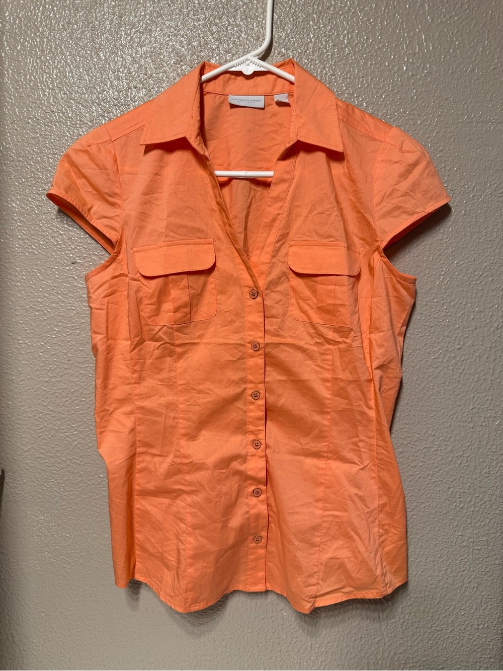 New York & Company Coral-Orange Short Sleeve Button-Down Shirt